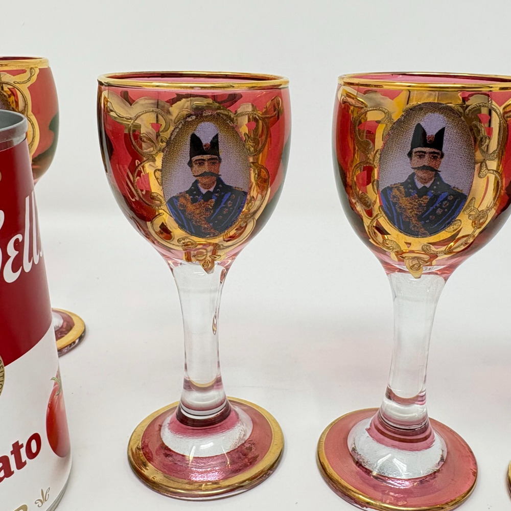 Set 6 Vtg Bohemian Cranberry Shah Qajar Persian King Cordial Glasses Gilt Red - Picture 2 of 9